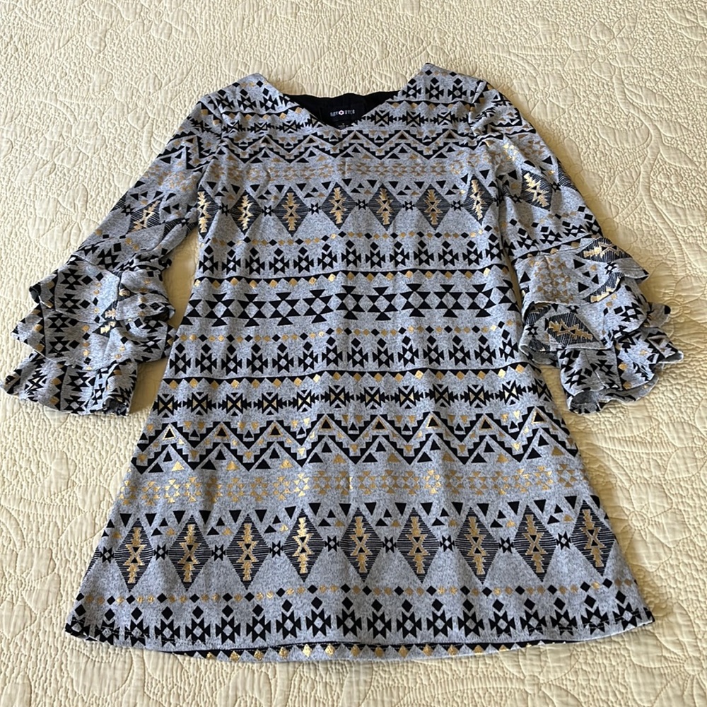 Gold accented print dress, lined